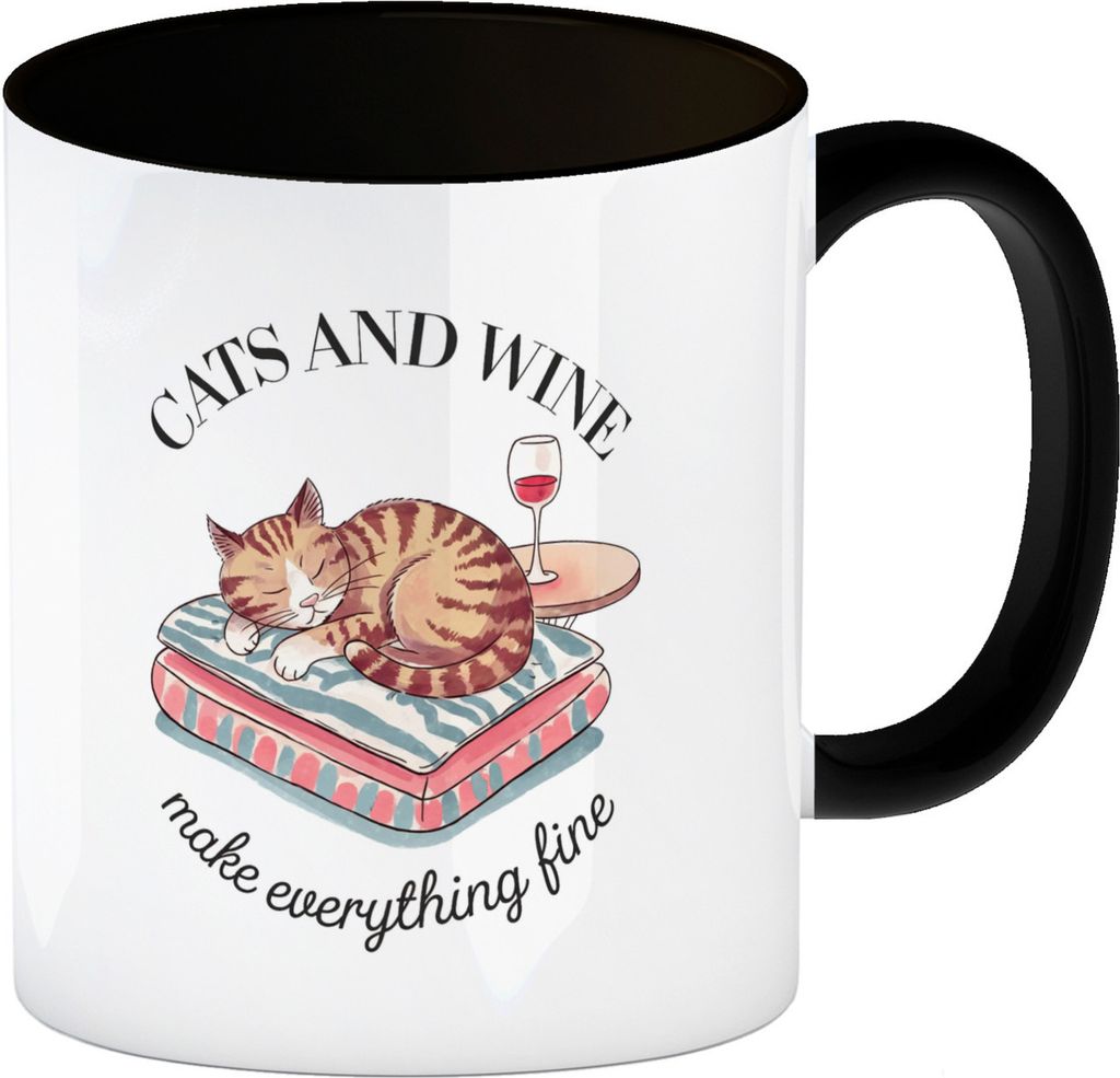 Katzen & Wein Kaffeebecher in schwarz für Katzen- und Weinliebhaber