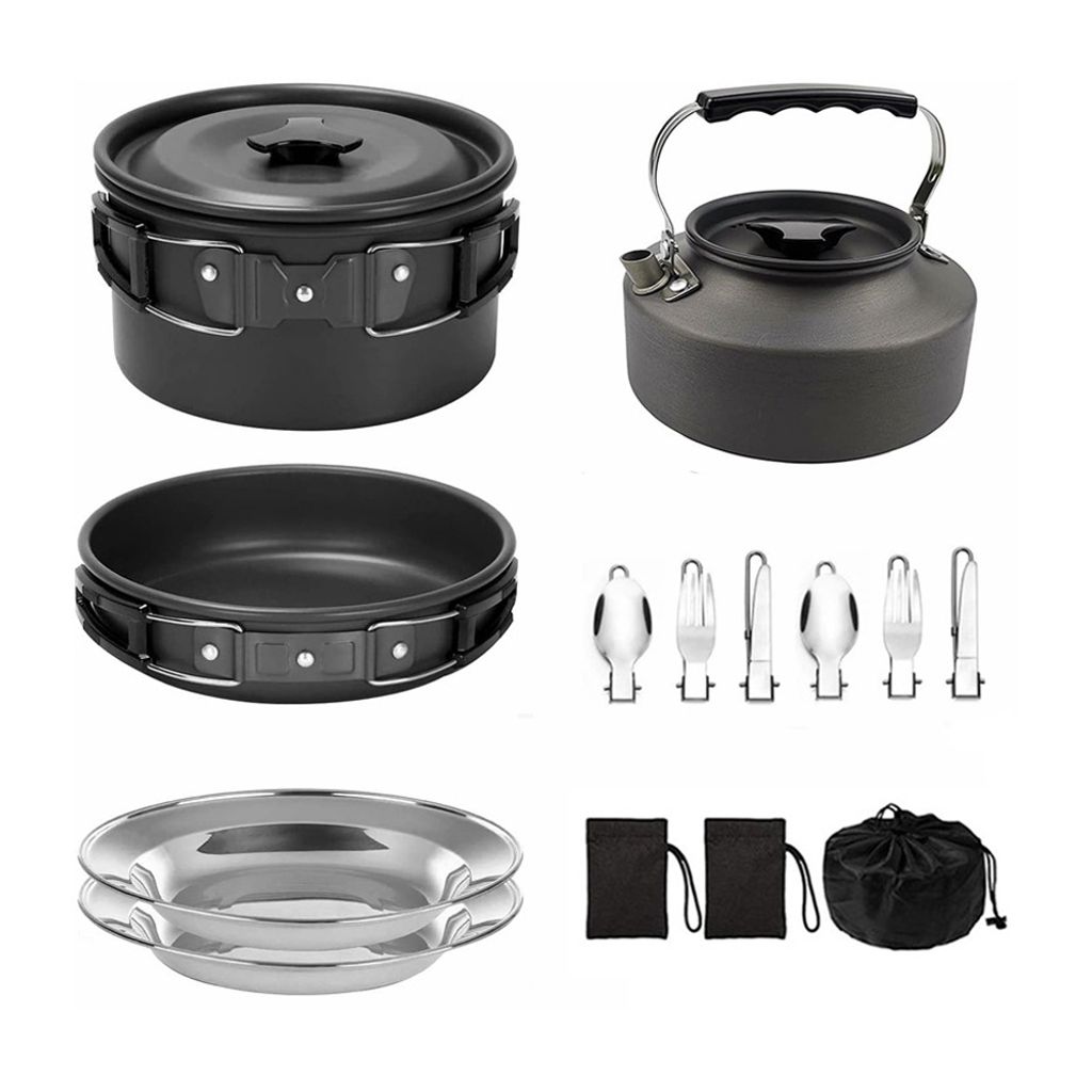 Camping-Kochgeschirr-Set, antihaftbeschichtet, leicht, Topf, Pfanne, Wasserkocher, Set mit Edelstahlplatten und Utensilien zum Kochen im Freien, Ca...