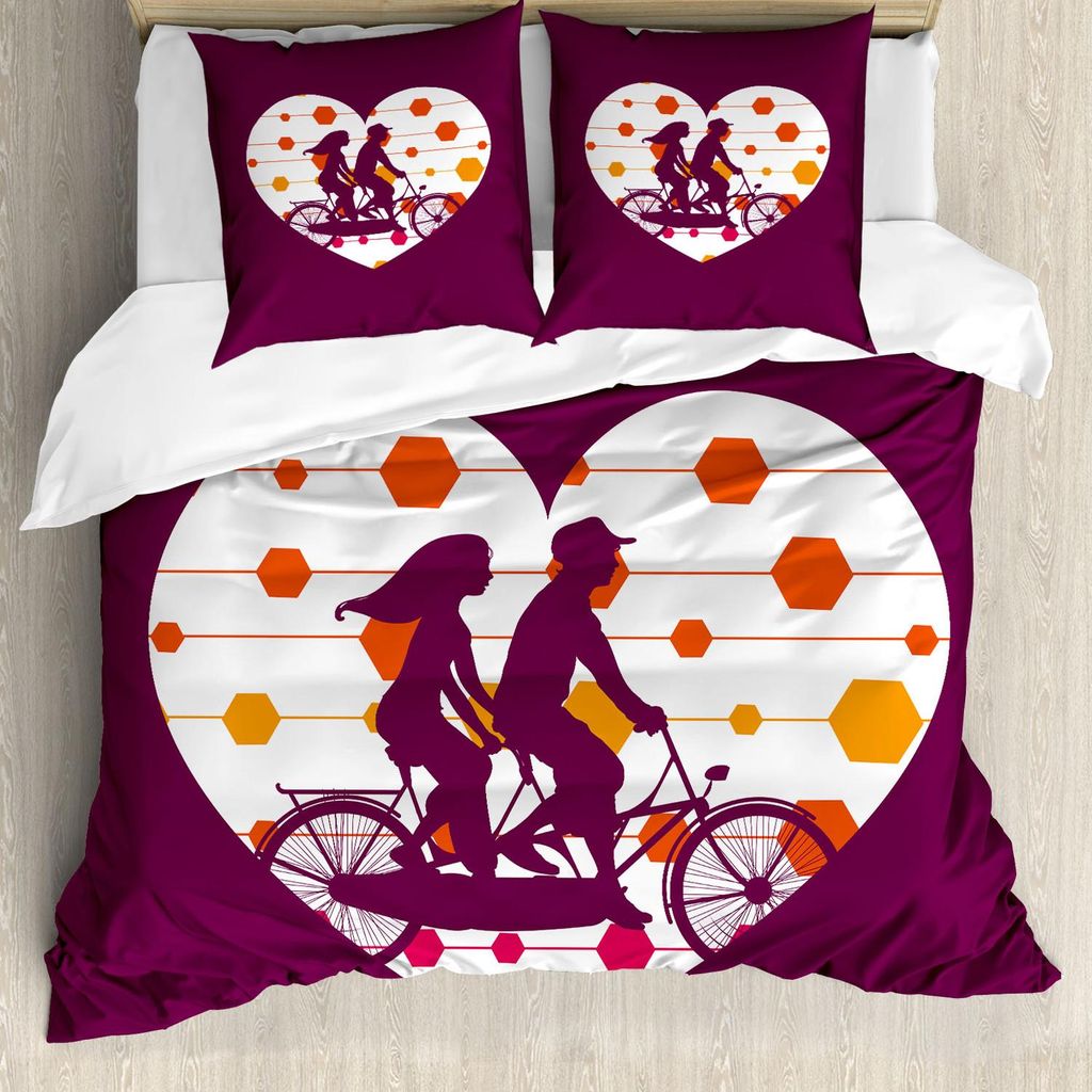 ABAKUHAUS Bike-Party Bettbezug Set, Romantisches Paar auf Tandem-Fahrrad auf die Modernen Geometrischen Formen Hintergrund, 155 x 220 cm + 80 x 80 ...