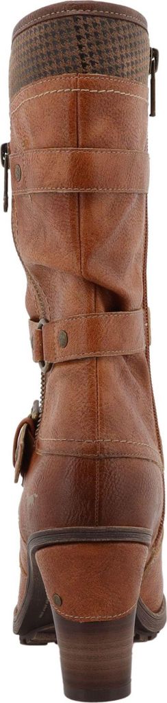A back view of a brown leather boot.