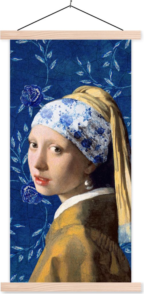 MuchoWow Textilposter Mädchen mit Perlenohrring - Delfter Porzellan - Vermeer - Blumen - Gemälde - Alte Meister 60x120 cm mit holzfarbenen Rahm...
