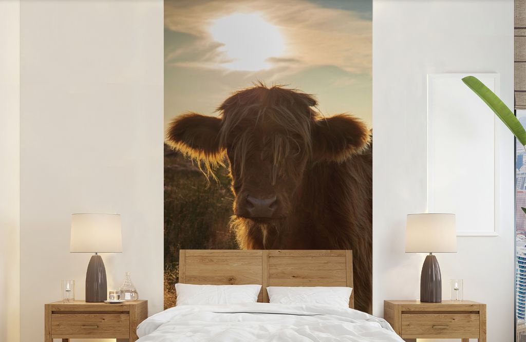 MuchoWow Fototapete für Wohnzimmer oder Schlafzimmer Wandtapete Vinyl Motivtapete Schottischer Highlander - Sonnenuntergang - Gras - 120x240 cm ...