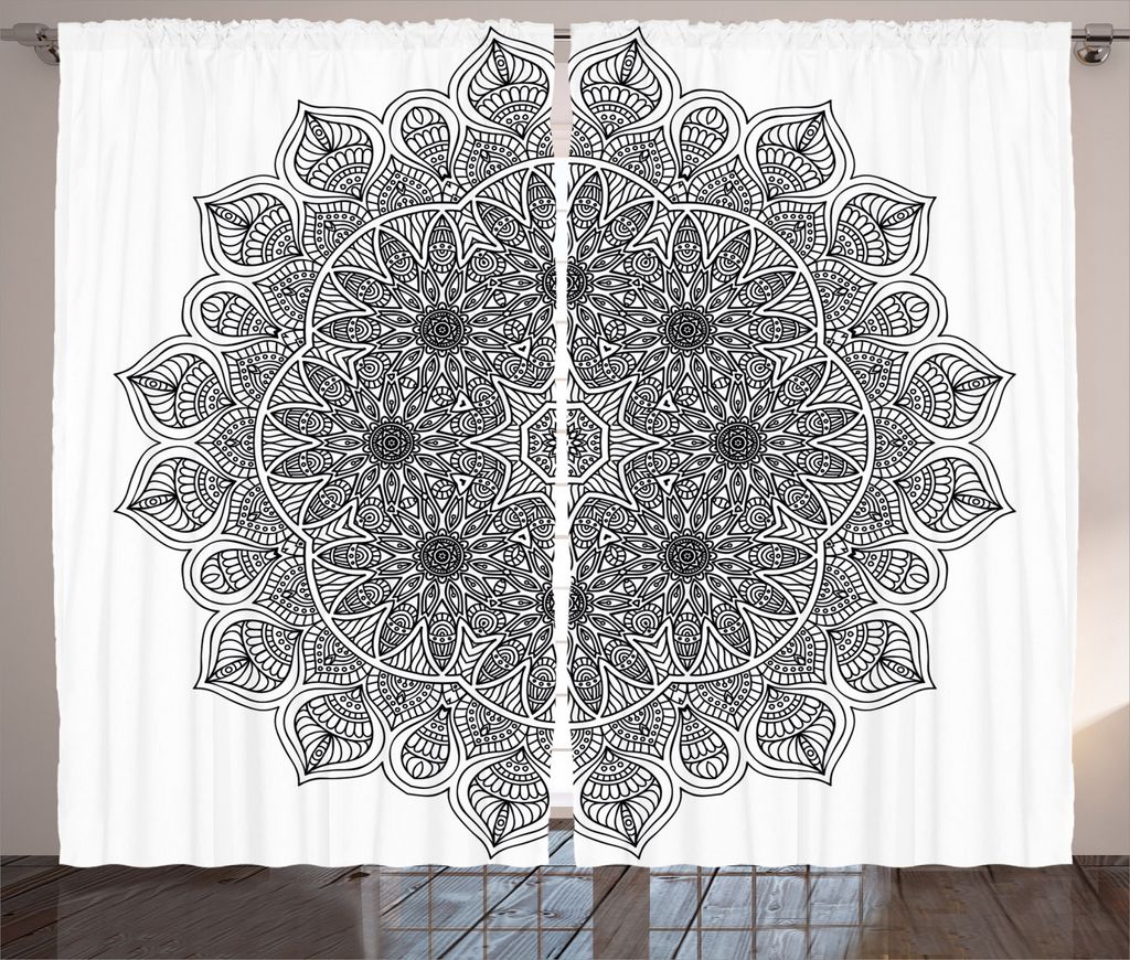 ABAKUHAUS Schwarz Rustikaler Vorhang, Mandala Blumen, Wohnzimmer Universalband Gardinen mit Schlaufen und Haken, 280 x 245 cm, Schwarz