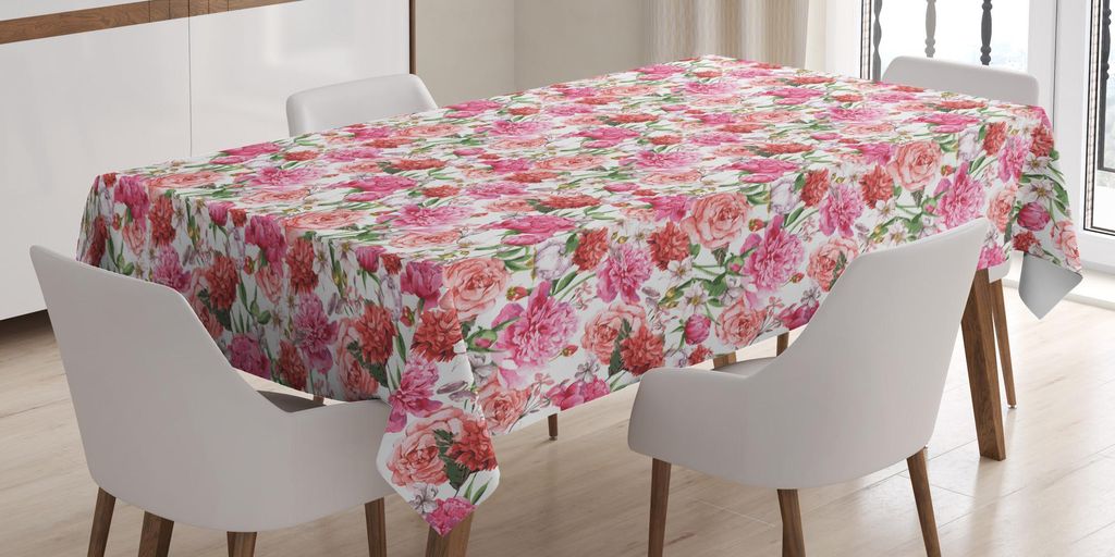 ABAKUHAUS Blumen Tischdecke, Freudiges botanisches Konzept des Sommers blüht rosa Pfingstrosen und Lachsrosen und -lilien, 140 x 170 cm, Mehrfarbig