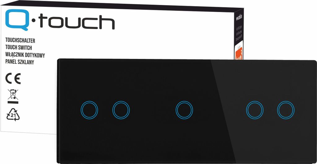 Touchschalter Panel 2+1+2 Glas schwarz Qtouch Wandschalter ohne Modul