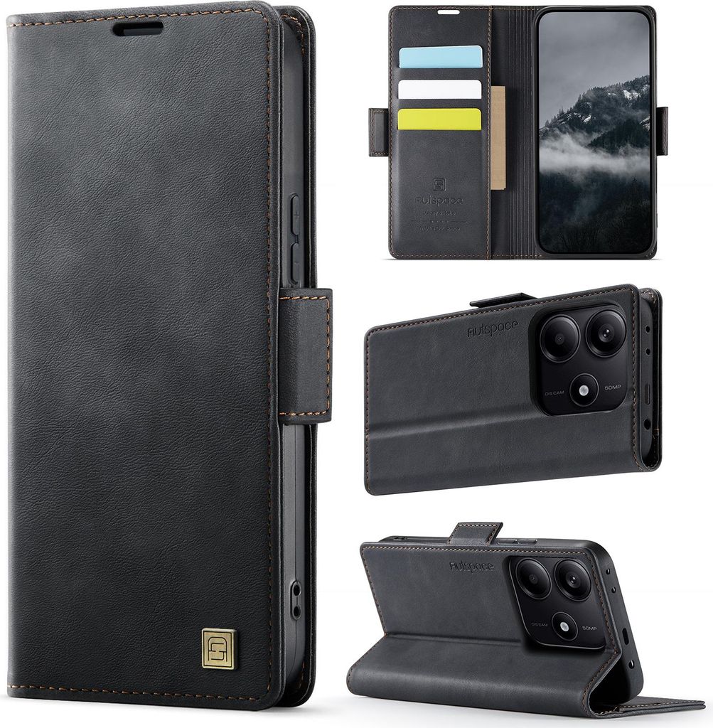 Lederhülle für Xiaomi Redmi Note 14 5G, RFID Schutz Handyhülle mit Magnetverschluss, Kartenfächern und Ständer Schwarz