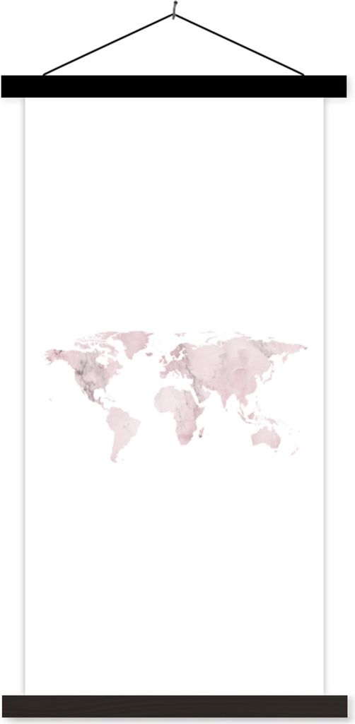 MuchoWow Textilposter Weltkarte - Marmor - Rosa 90x180 cm mit schwarzem Rahmen - Dekoration Wohnzimmer