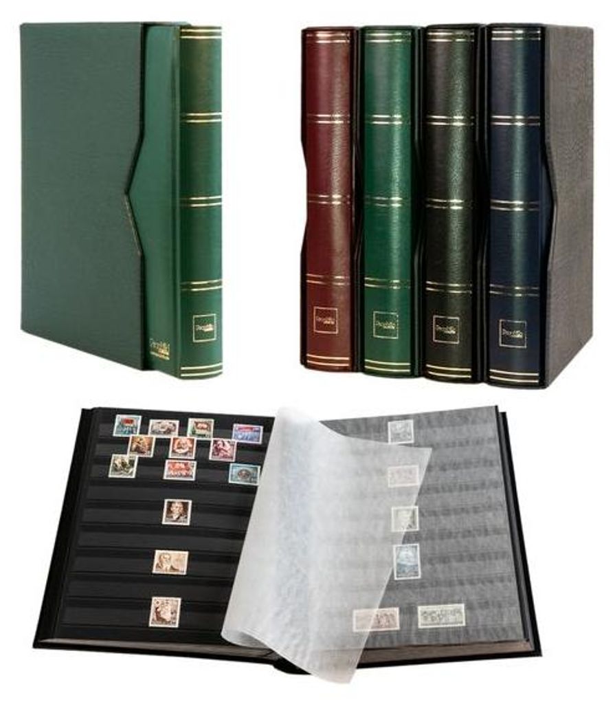Prophila Collection 64 Schwarze Seiten Briefmarkenalbum wattiert mit Kassette grün