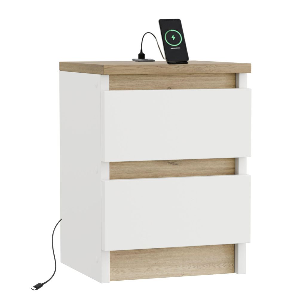 Nachtschrank – Kompakter Nachttisch in Eiche Torro & Weiß, USB & USB-C, 30 cm