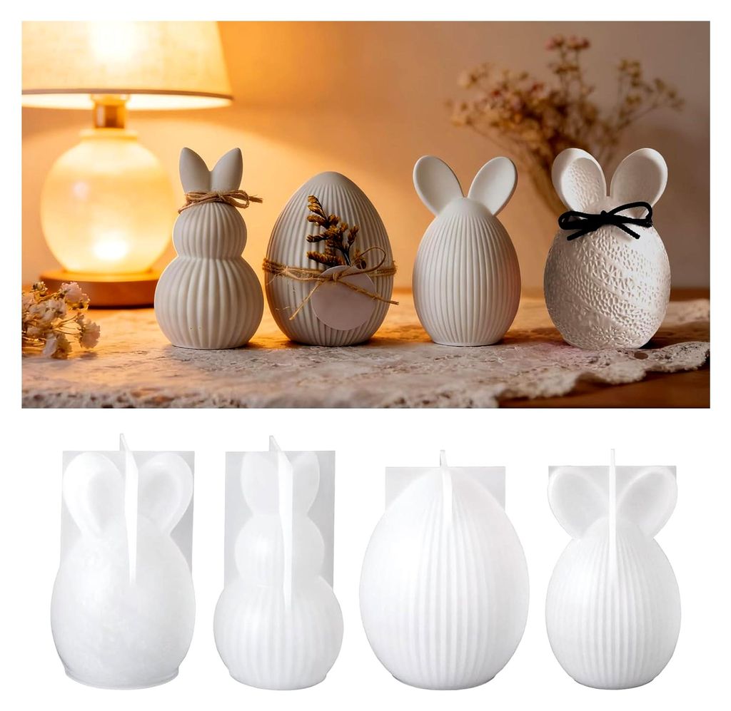 4 Silikonformen für Ostern, Gießformen für Frühling, Silikonform für Osterhasenkerzen, Kaninchen- und Osterei-Gießformen für Gips und Sojawachs
