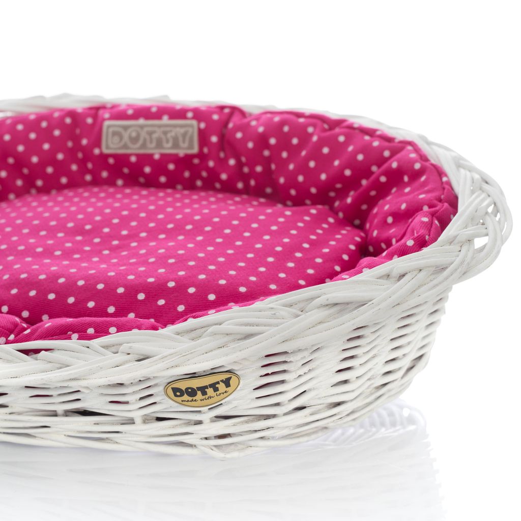 Weiß gebleichter Weidenkorb für Hunde Wikikorb mit Baumwoll-Hundebett – Rosa mit weißen Punkten Polka Dots – DOTTY