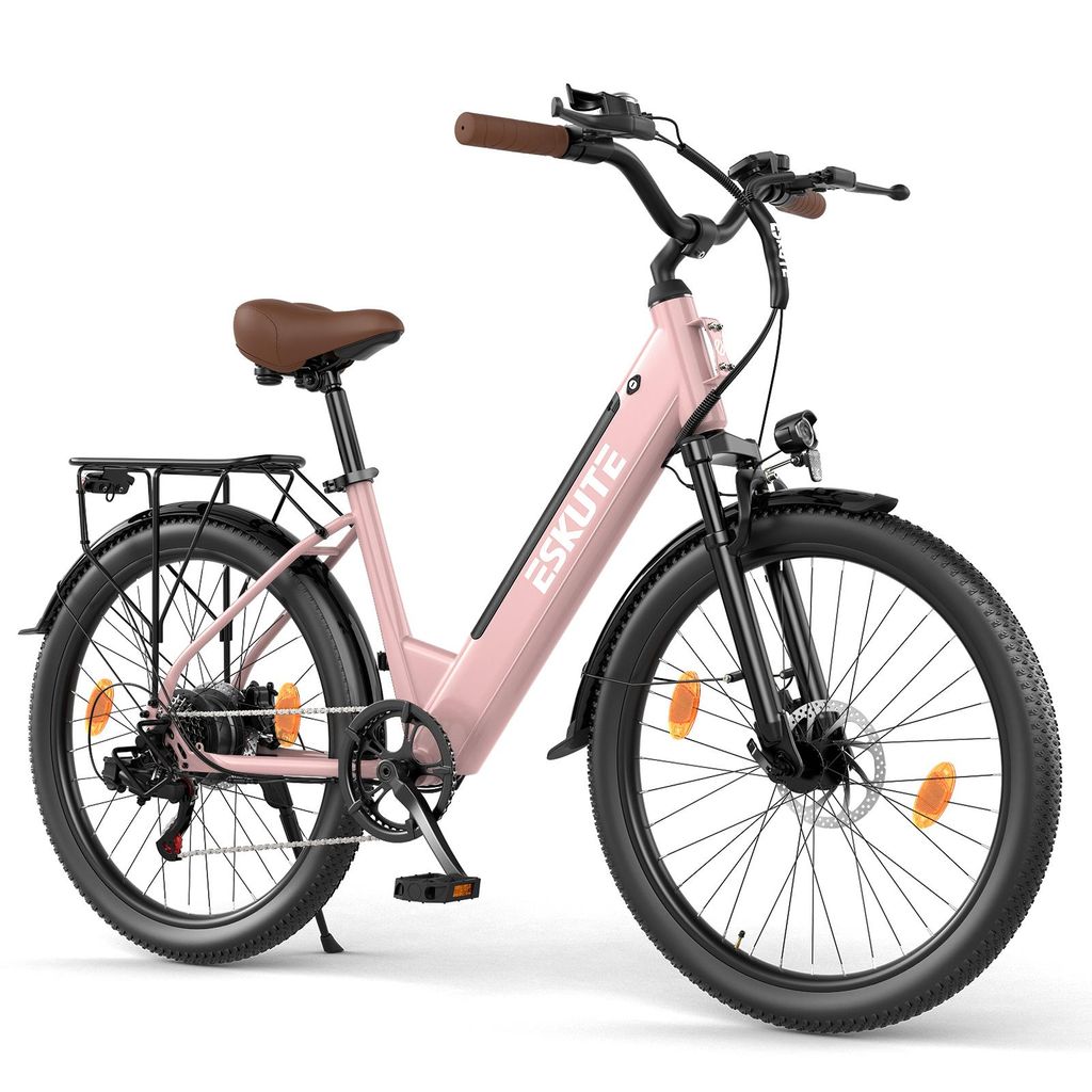 ESKUTE C100 Plus 13AH E-Bike,26 Zoll Elektrofahrrad, E-Cityrad 250W HeckMotor,bis zu 100km, LCD-Display,E-CityBike Für Damen und Herren Pink