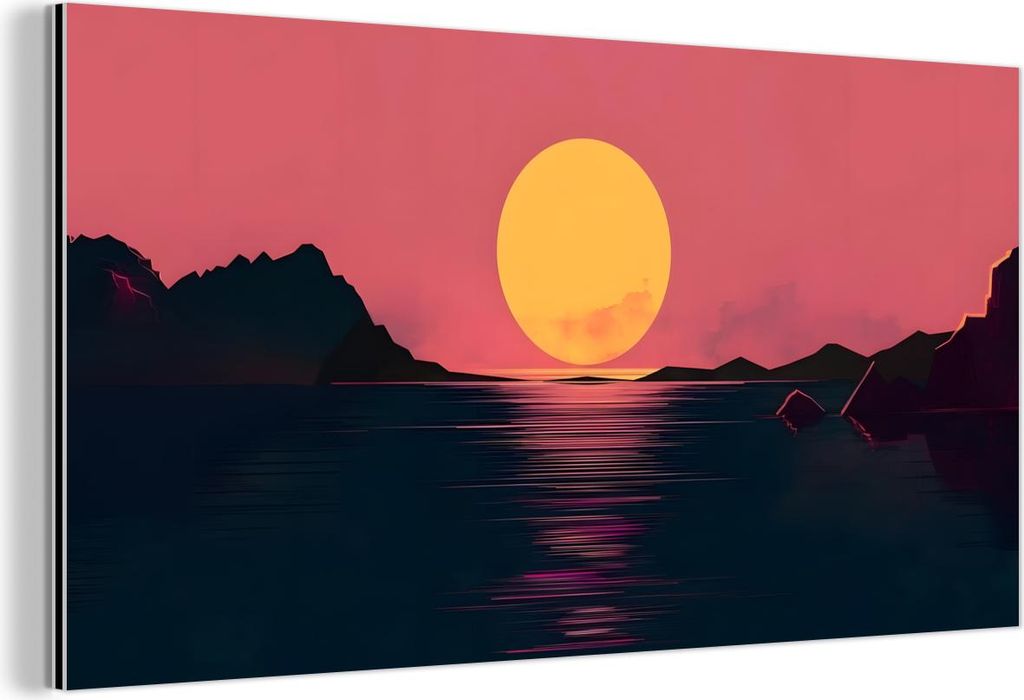 MuchoWow Wanddekoration Metall Metallbild Wandkunst 40x20 cm Sonne - Gelb - Berge - Wasser MuchoWow Aluminium Gemälde - Bild - Aluminium