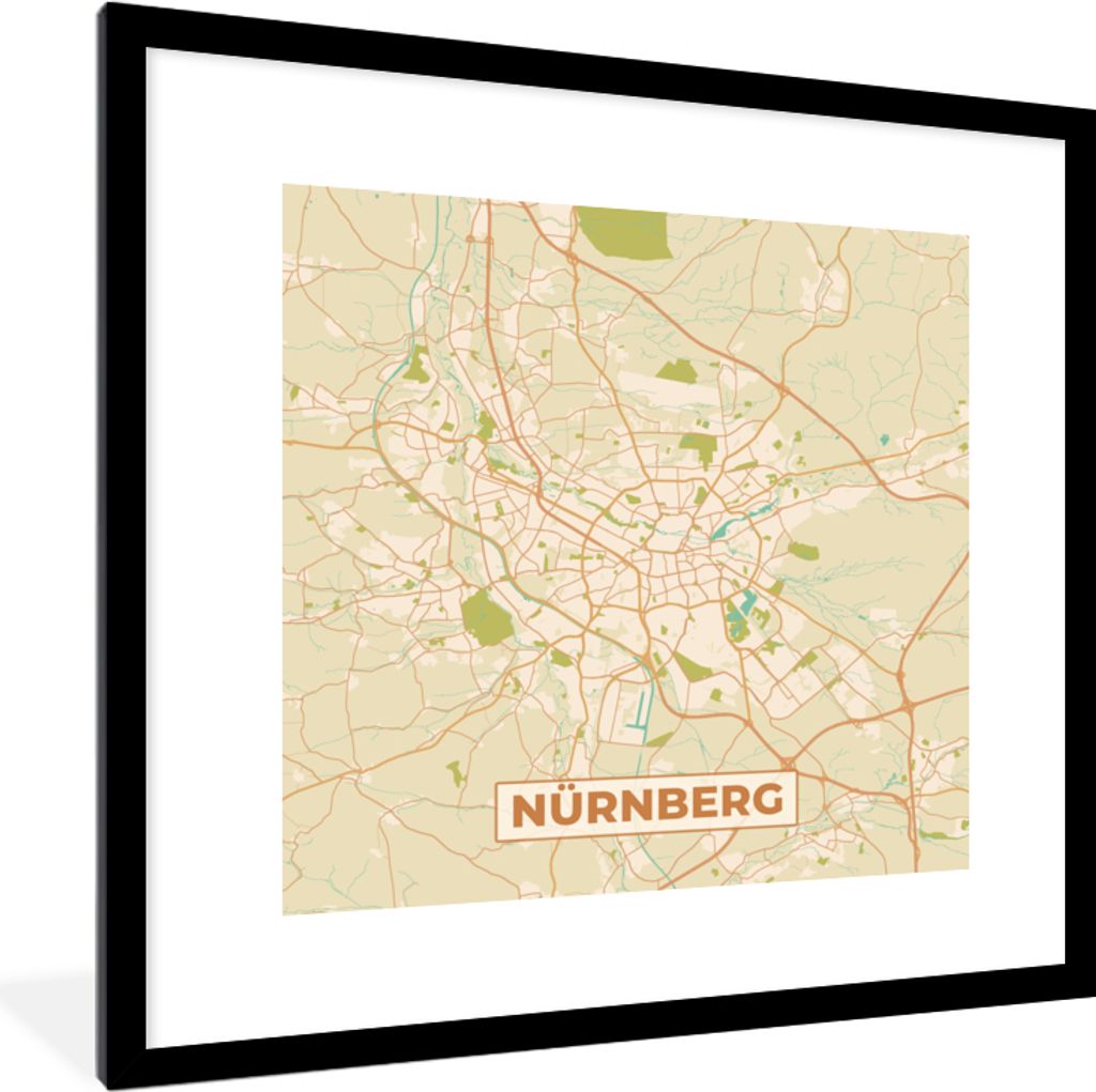 MuchoWow Gerahmtes Poster Karte - Nürnberg - Vintage - Karte 40x40 cm - Poster mit Schwarzem Bilderrahmen Wandposter Rahmen Foto Bilder - Poster...
