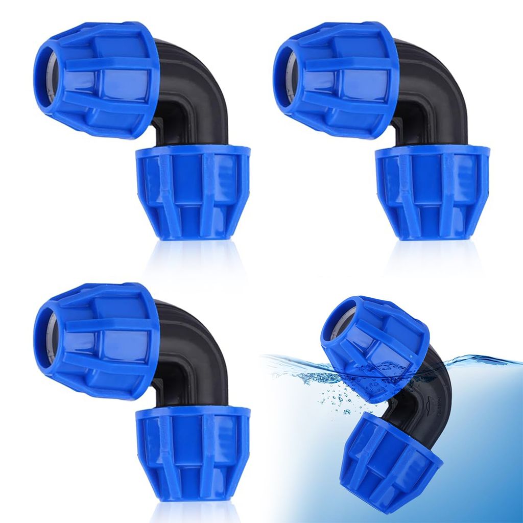 4 Pcs Pe Rohr 25mm Verbinder Kunststoff, PE Rohr Verschraubung Winkel 90°, PP-Fitting Verschraubung, PN16 Kunststoff PP Kupplung Blau für PE Rohr