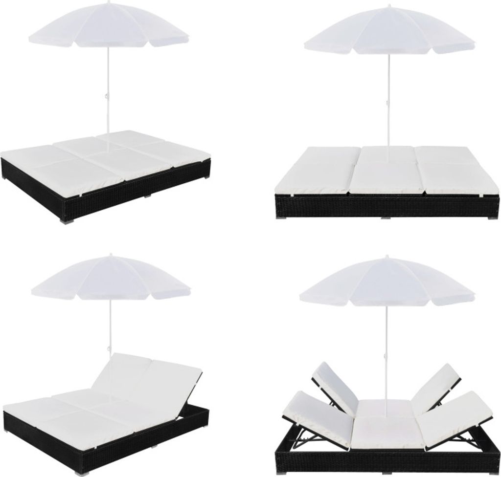 vidaXL Outdoor Loungebett mit Sonnenschirm Poly Rattan Schwarz - Sonnenliege - Sonnenliegen - Liegestuhl - Liegestühle