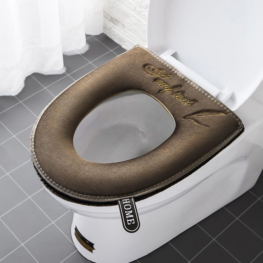 2 Stück dickere Badezimmer-Toilettensitzbezüge mit Griff, WC-Deckelbezug, Kissen, weich, dicker, waschbar, passend für alle ovalen WC-Sitze, braun