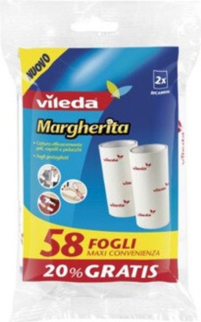 The image shows the packaging of Vileda Margherita replacement sheets for a lint roller.