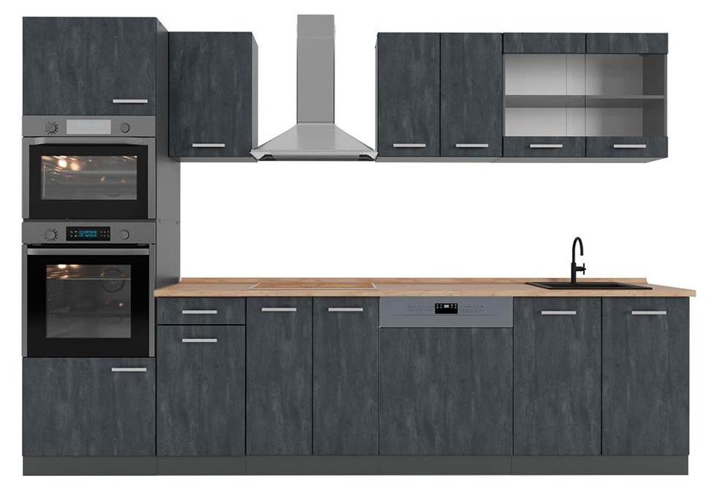 Küchenzeile Vicco R-Line Schwarz Beton 300 cm AP Eiche, Produktbild 