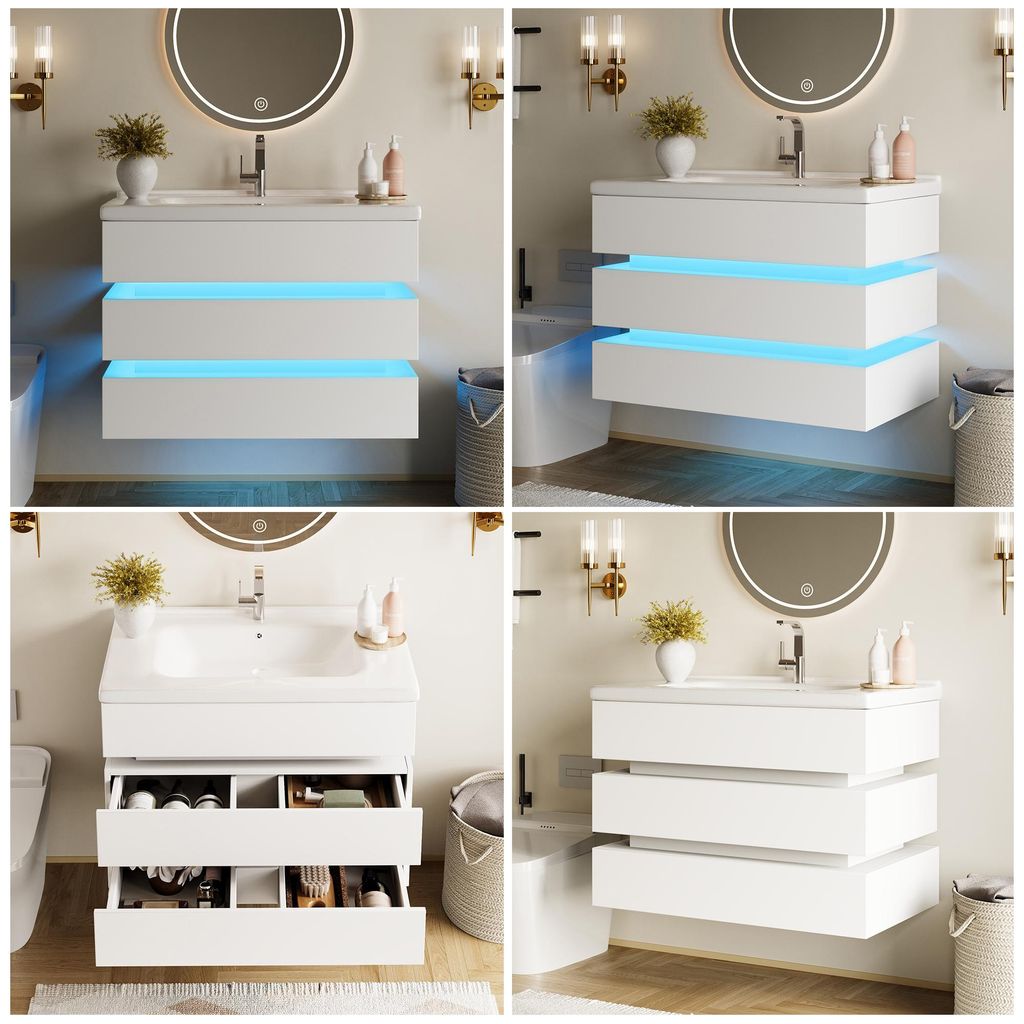 Wandmontierter Badschrank mit LED Beleuchtung, Waschbeckenunterschrank aus Keramik, Soft-Close Schubladen, Badezimmer Möbel Weiß