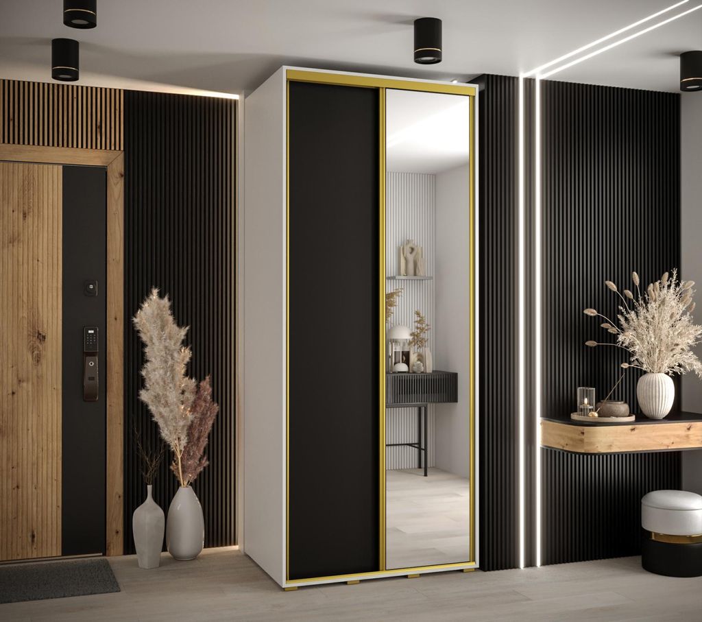 Kleiderschrank ASIRI 3 – 120/60 cm, weiß/schwarz/gold