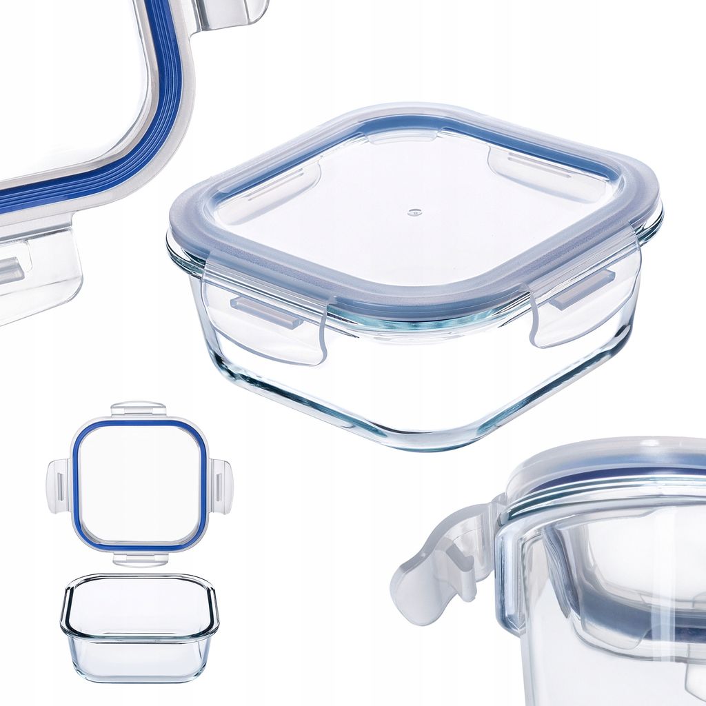 Several glass food storage containers with blue lids are displayed against a white background.