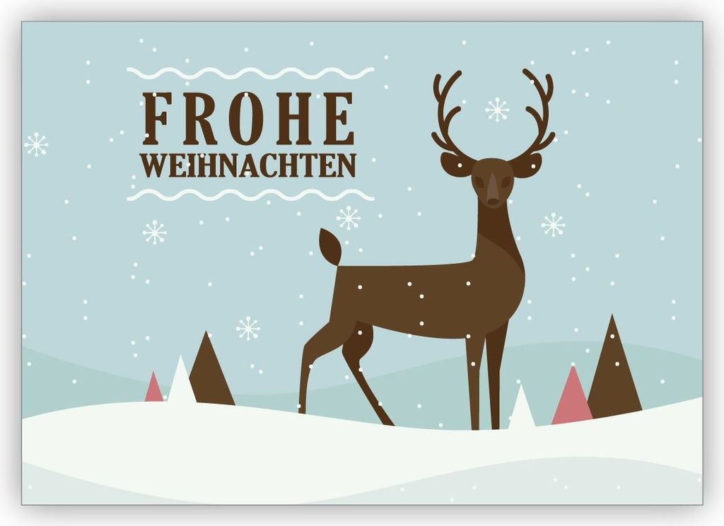 Elegante Retro Weihnachtskarte mit Hirsch in Schnee Landschaft: Frohe Weihnachten