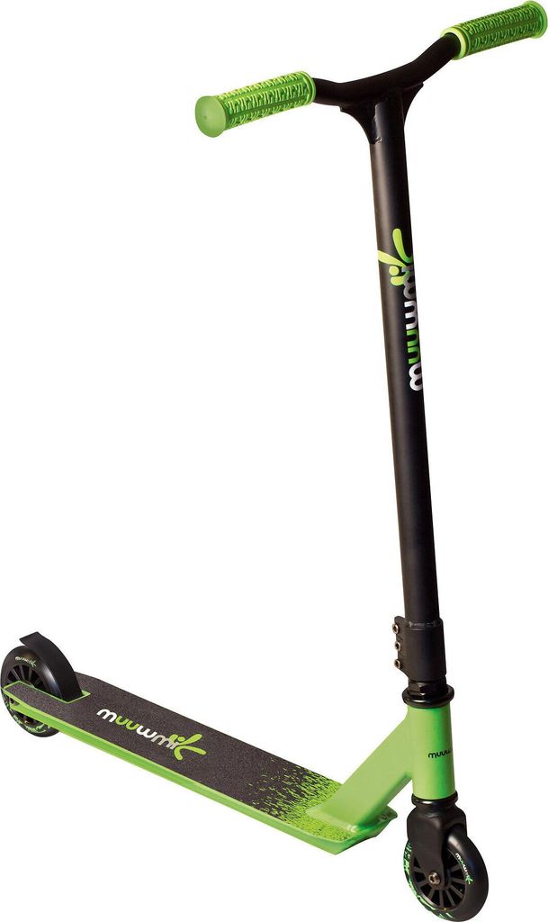 muuwmi Stuntscooter – Freestyle Kickroller, 100 mm, ABEC 7, verstärkter Wing-Lenker, 360°- Lenkung, schwarz-grün