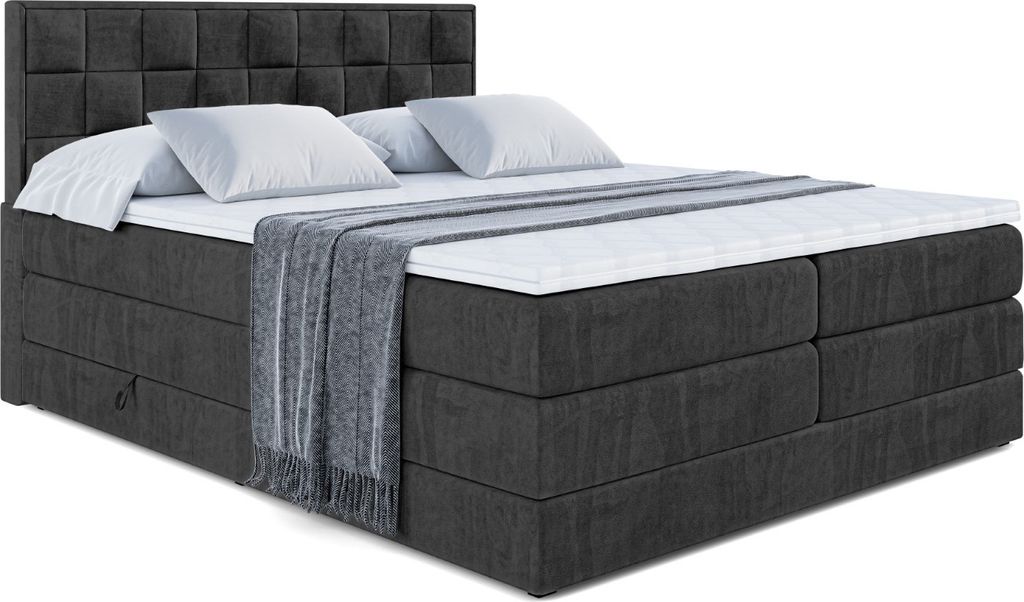 ALTDECOR Boxspringbett mit 2 Matratzen und Topper - 160x200 cm - ZAFIRA-BZ KING - Schwarz Samt - Polsterbett mit, H3- und H4- Matratzen, Bettkasten...