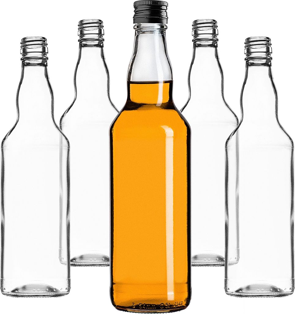 Five glass bottles are arranged in a row, with one bottle in the center filled with amber liquid and the other four empty.