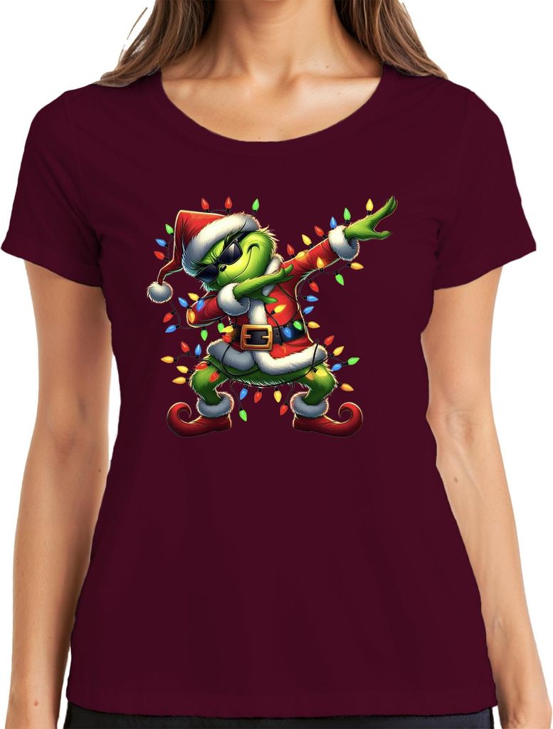 Grinch Dabbing Weihnachten Santa Lichterkette Lustig Geschenk Damen T-Shirt, Burgundy, S