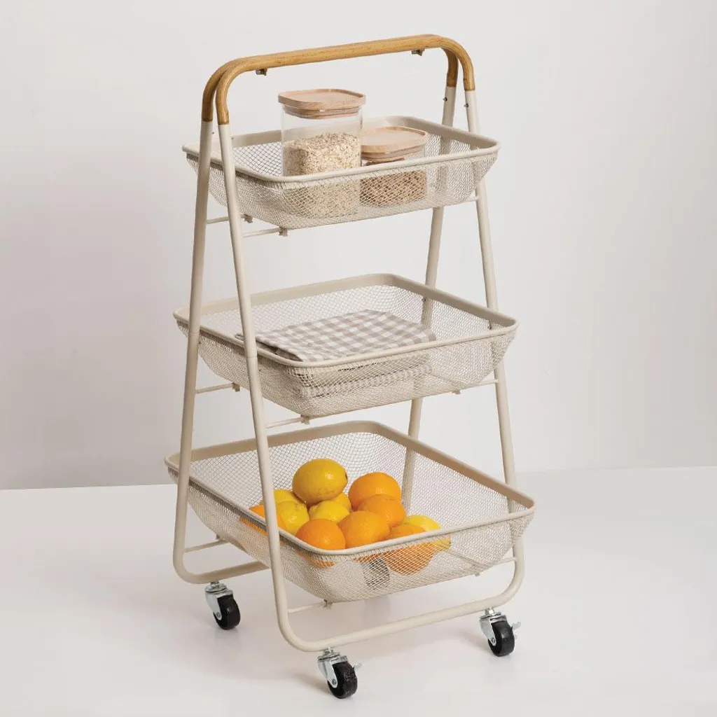 Desserte Deanne Beige et Bois avec plateaux amovibles et roulettes