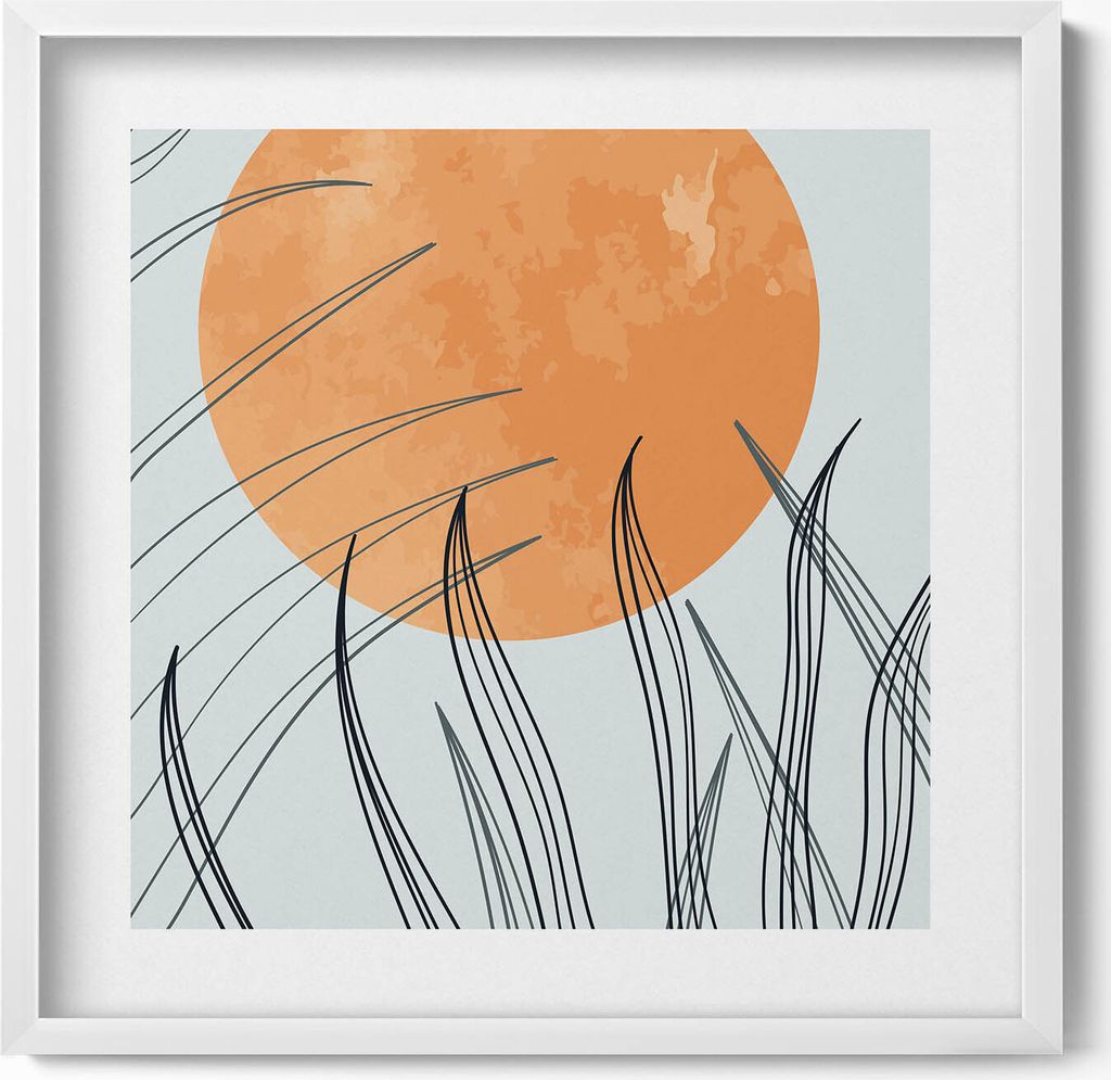 Minimalistische Pflanzen und Sonne im Boho-Stil– Wandbild mit Rahmen – Gerahmtes Bild – Wanddekoration – 50x50 cm – Weiß Rahmen
