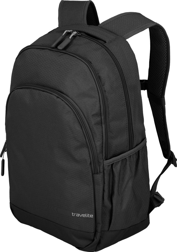 A black Travelite backpack is shown against a white background.