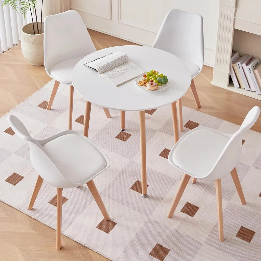 Table ronde scandinave blanche en bois avec 4 chaises rembourrées PU