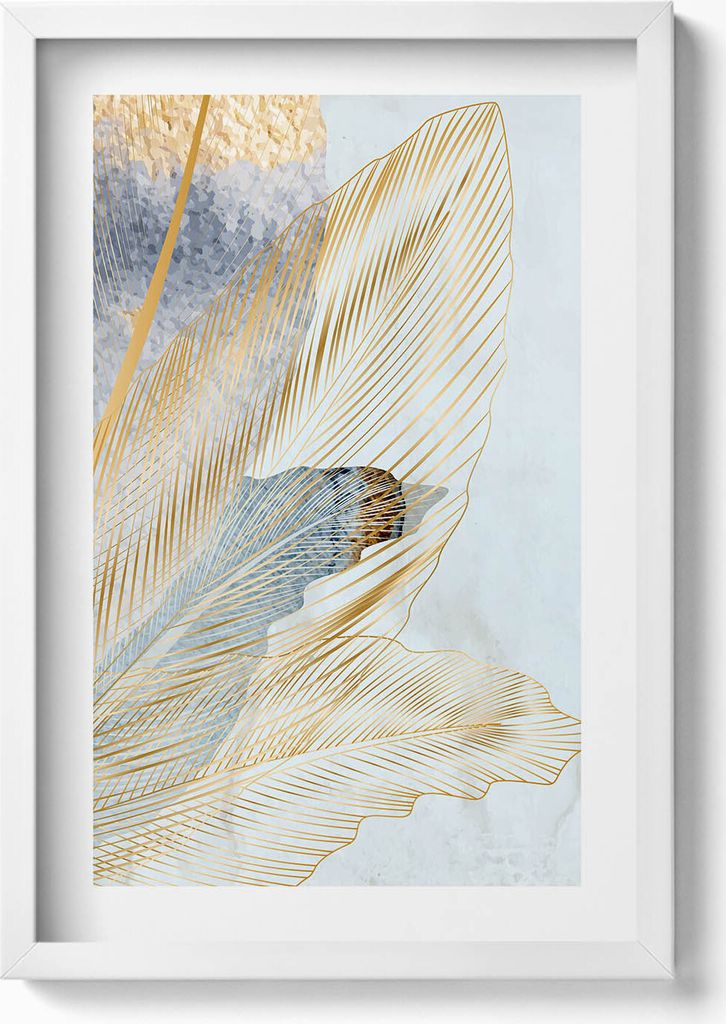 Glamour-Bananenblätter mit Gold– Wandbild mit Rahmen – Gerahmtes Bild – Wanddekoration – 40x60 cm – Weiß
