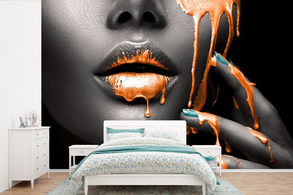 MuchoWow Fototapete für Wohnzimmer oder Schlafzimmer Wandtapete Vinyl Motivtapete Lippen - Orange - Schwarz - 360x240 cm - Vinyl-Tapete
