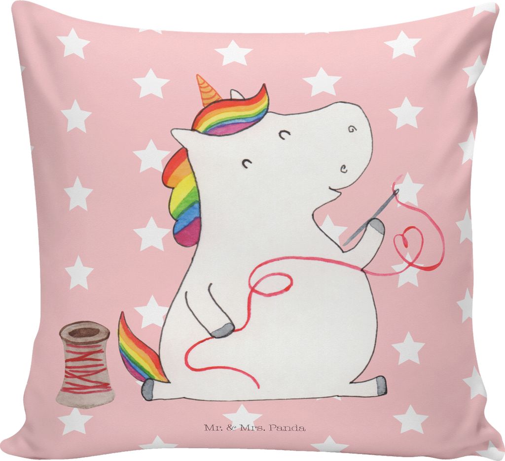 Mr. & Mrs. Panda Kissen 40x40 Einhorn Näherin - Rot Pastell - Geschenk, wohnzimmer, Nähen, Stricken, Unicorn, kuschelkissen, Kuschel, Dekokissen ...
