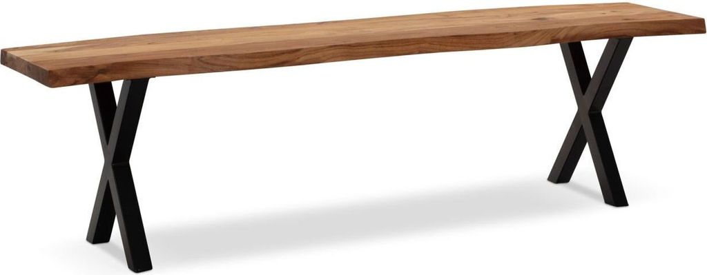 Esszimmerbank 160x40x45,5 cm Akazie Massivholz / Metall mit Baumkante, Esstischbank Modern, Holzbank Massiv ohne Lehne, Küchenbank Essbank mit X-B...