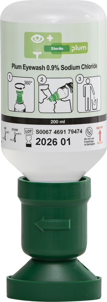 A bottle of Plum Eyewash solution with instructions on how to use it.