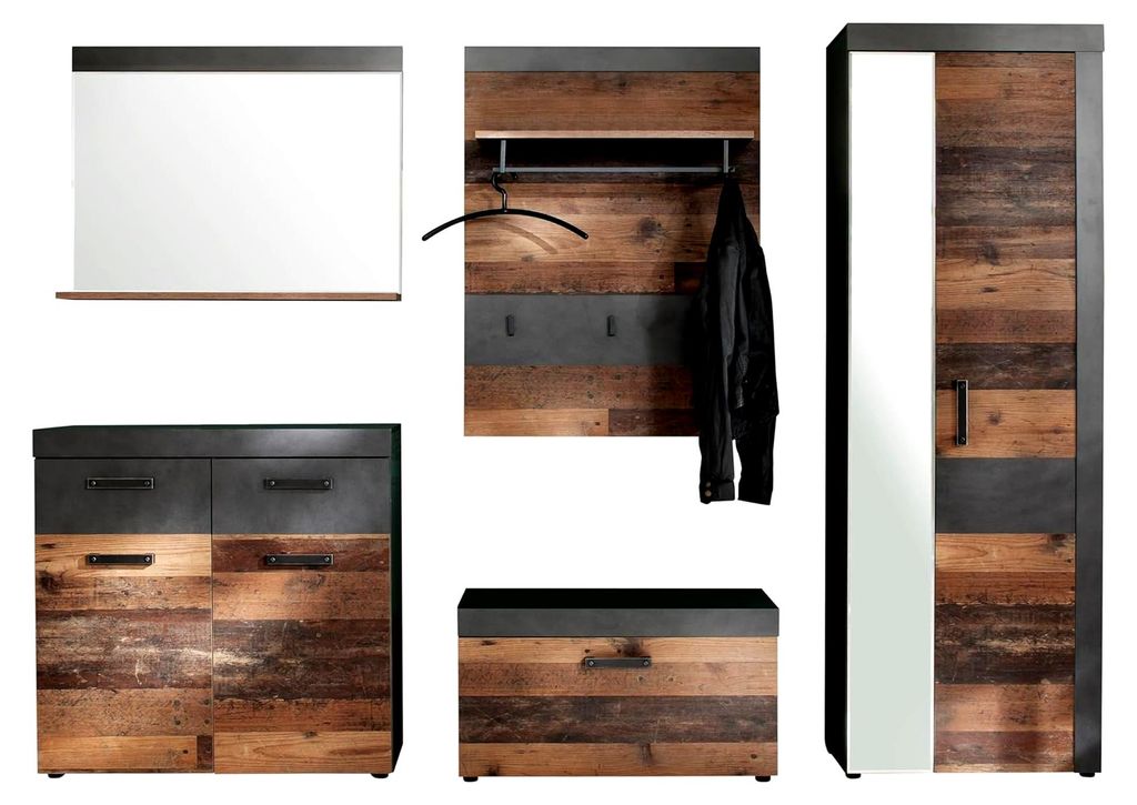 Indy - Garderobenkombination - Eiche/Grau - Garderobenschrank, Sitzbank, Paneel, Schuhschrank, Spiegel - (BxHxT) 265 x 192 x 37 cm - antikfarbene G...