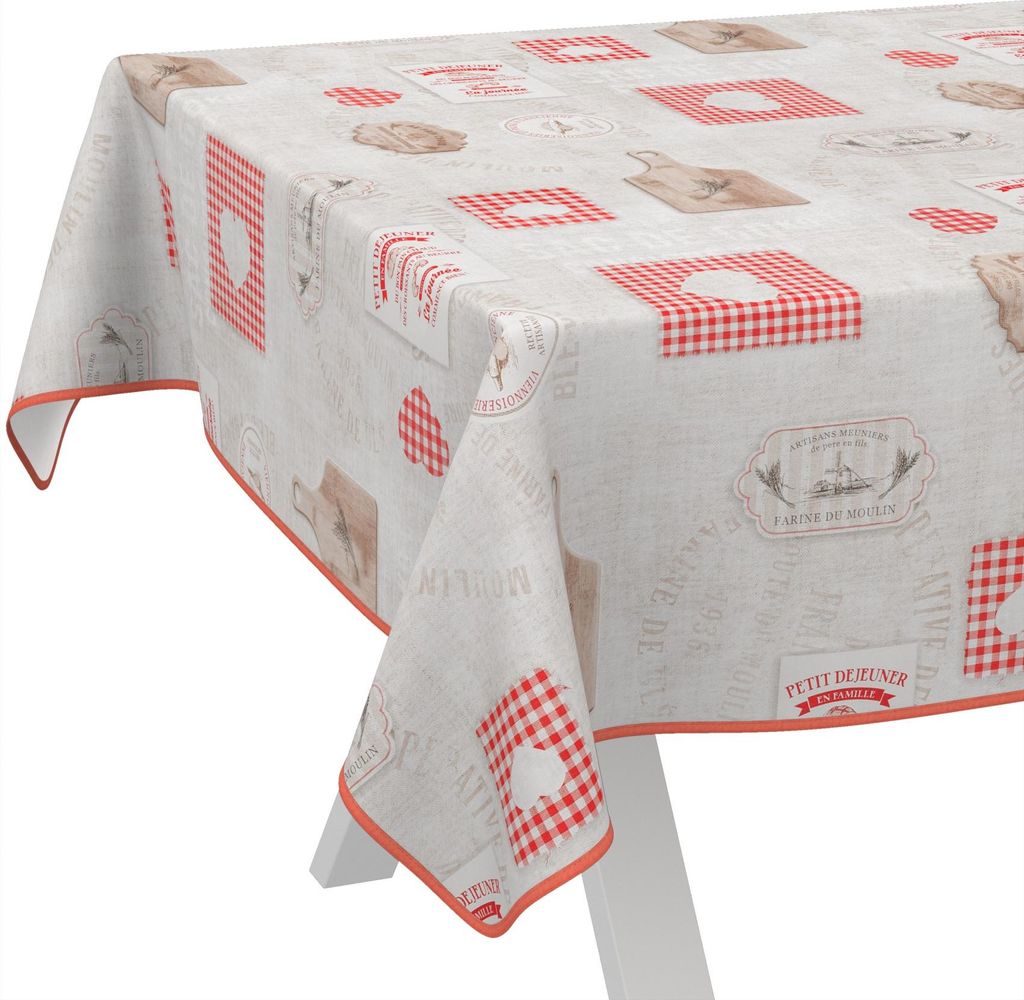 Tischdecke Landhaus Herz Grau Rot 160x140cm mit Band-Kante Wachstuch abwaschbar