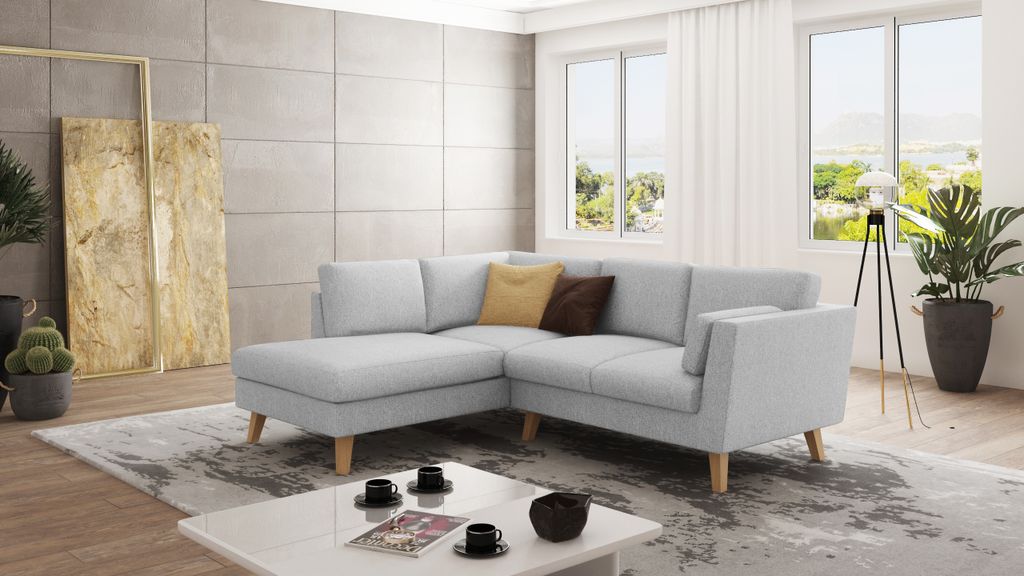 S-STYLE MÖBEL - Ecksofa mit Holzfüßen im skandinavischen Stil Elma aus Silber Luxusmicrofaser - Ottomane links, B/T/H: 221 cm/ 186 cm/ 90 cm