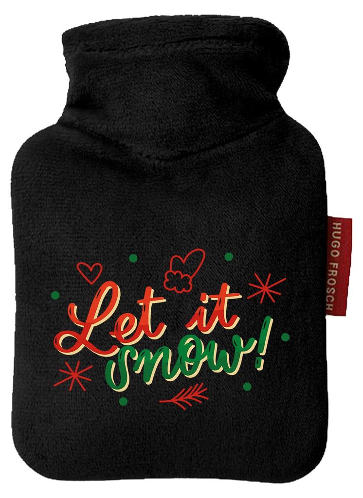 Huuraa Mini-Wärmflasche Let it Snow Schriftzug 0,2 Liter Black Mini Veloursbezug Taschenwärmer Geschenkidee
