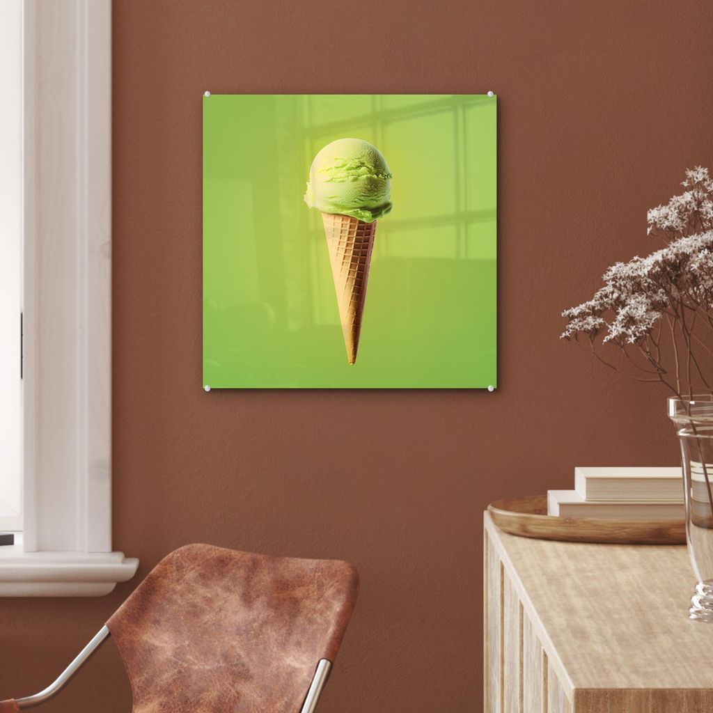 MuchoWow Glasbilder - Bilder auf Wandbild - Foto auf Glas Horn - Schaufel Eiscreme - Grün 50x50 cm Wanddekoration aus Glas - Acrylglasbild - Acryl...