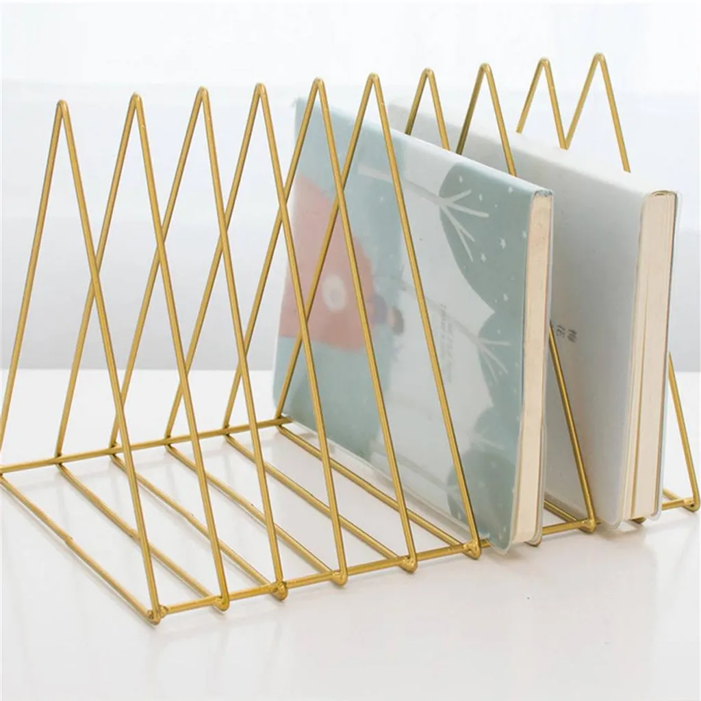 Serre-livres triangulaire doré : support de rangement bureau en fer - 5