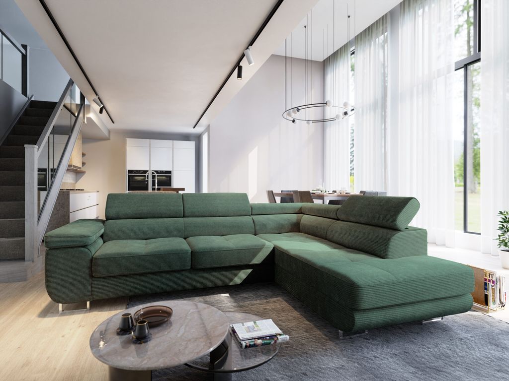 Masseno Ecksofa APIRO R-S mit Schlaffunktion L-Form, Sofa mit Bettkasten, Wohnzimmersofa, Couch, Soffa, Bettsofa, Couchgarnitur- Grün, POSO 14