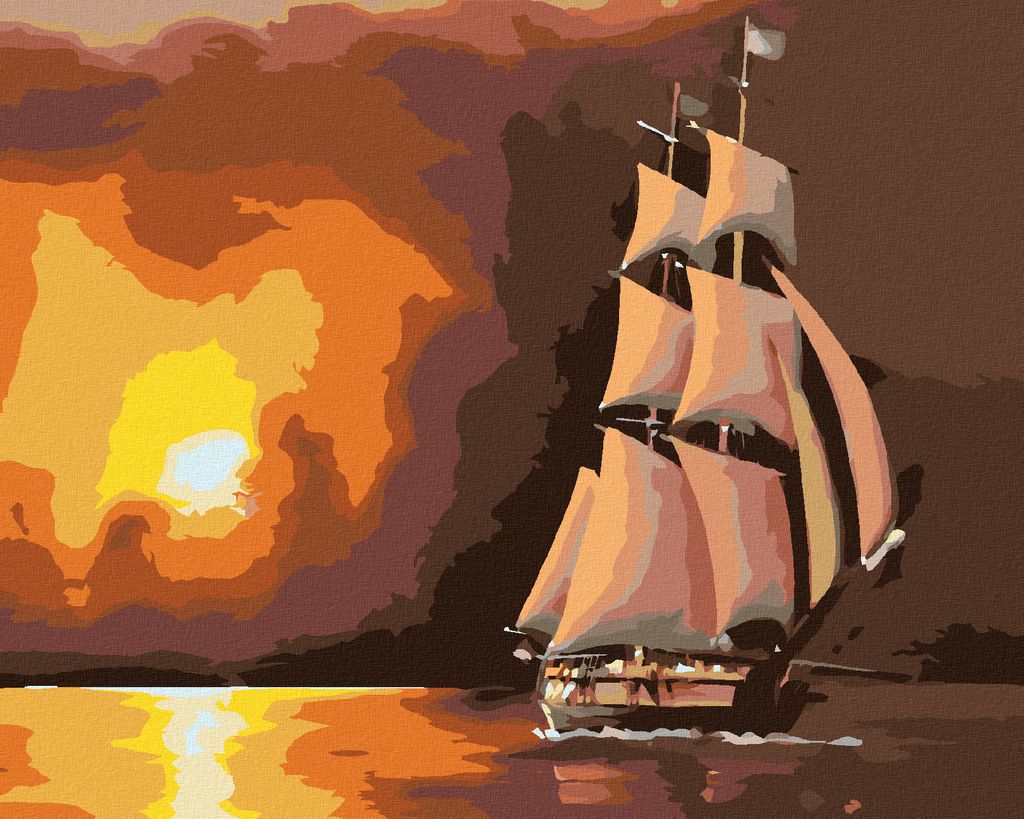 Zuty - Malen nach Zahlen - SEGELSCHIFF UND ROTER SONNENUNTERGANG (D. RUSTY RUST), 40x50 cm, ohne Keilrahmen
