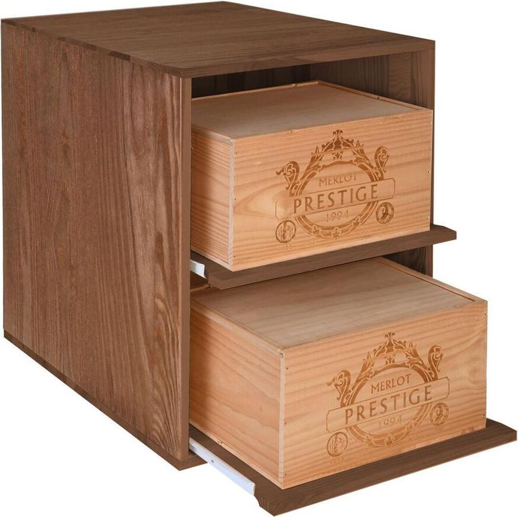 Weinregal 60 cm, 2 Auszüge für Weinkisten, T 60 cm, Kiefernholz braun gebeizt