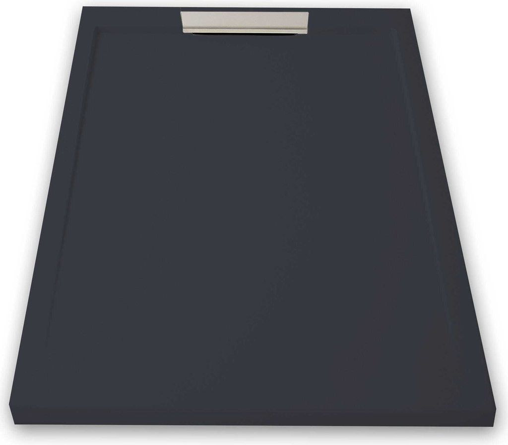 Mineralguss-Duschwanne extra flach LUX Schieferoptik anthrazit 80x150cm Edelstahl in chrom Ablaufschutz in Chrom